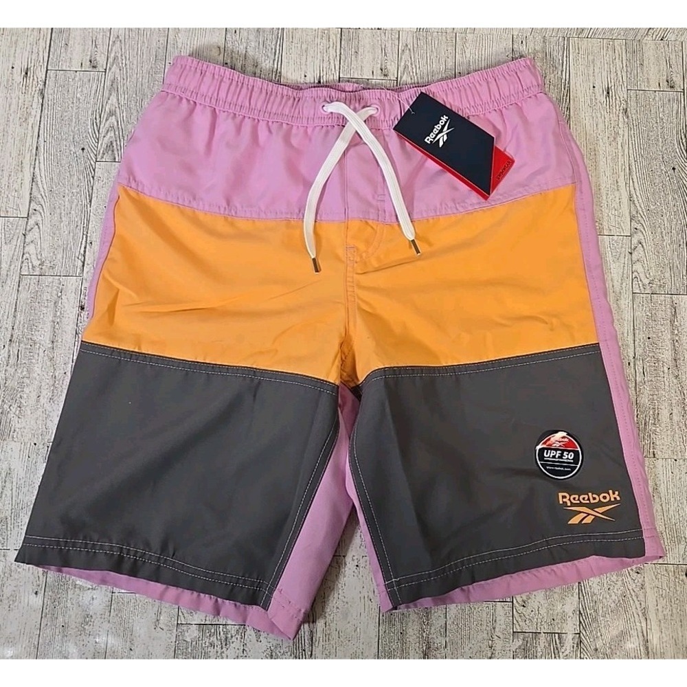 Reebok Swim Trunks Boys LARGE 14/16 Colorblock UPF 50 Mesh Lining NEW